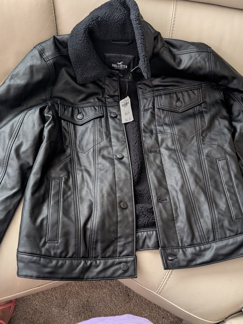 Hollister Black Faux Leather Sherpa-Lined Bomber Jacket